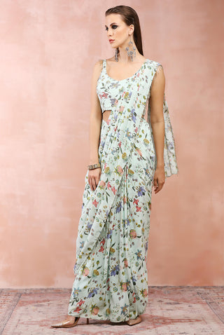 Mint nargis choli with pre-stitched saree