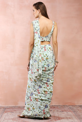 Mint nargis choli with pre-stitched saree