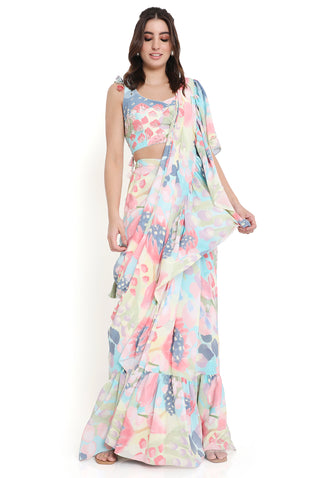 Euphoria print embroidered choli with ruffle saree