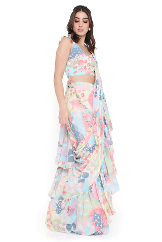 Euphoria print embroidered choli with ruffle saree