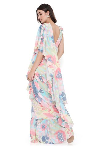 Euphoria print embroidered choli with ruffle saree