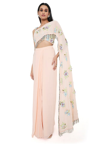 Peach embroidered choli and pre-stitched skirt