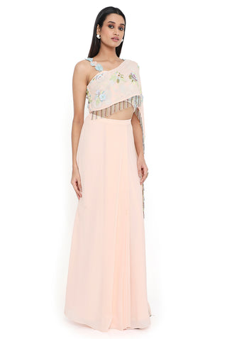 Peach embroidered choli and pre-stitched skirt