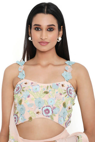 Peach embroidered choli and pre-stitched skirt