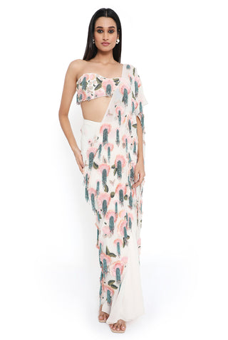 Offwhite embroidered bustier and pre-stitched saree