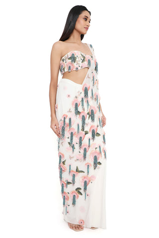 Offwhite embroidered bustier and pre-stitched saree