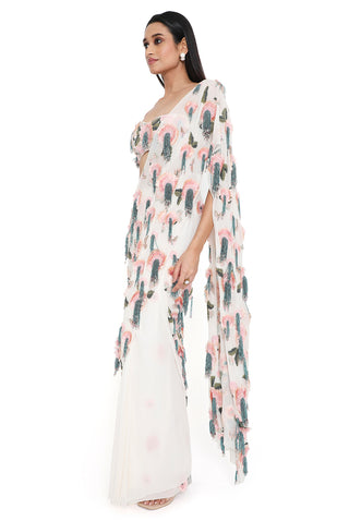 Offwhite embroidered bustier and pre-stitched saree