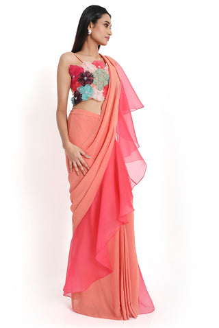 Peach 3d floral embroidered choli and saree
