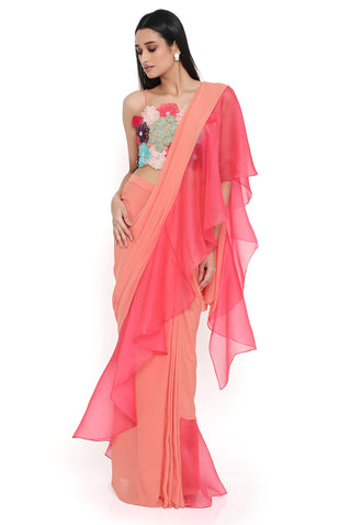 Peach 3d floral embroidered choli and saree