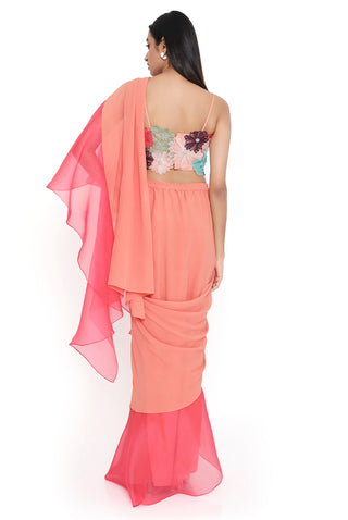 Peach 3d floral embroidered choli and saree