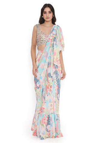 Multicolor choli with printed ruffle saree
