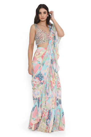 Multicolor choli with printed ruffle saree