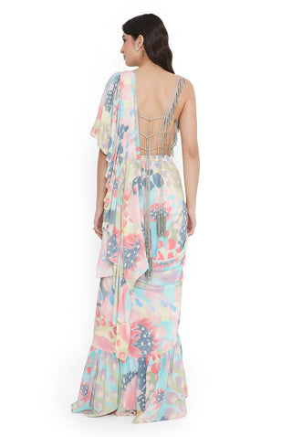 Multicolor choli with printed ruffle saree