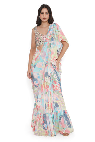 Multicolor choli with printed ruffle saree