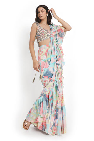 Multicolor choli with printed ruffle saree