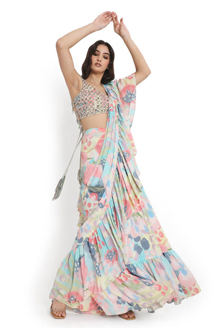 Multicolor choli with printed ruffle saree