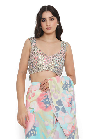 Multicolor choli with printed ruffle saree