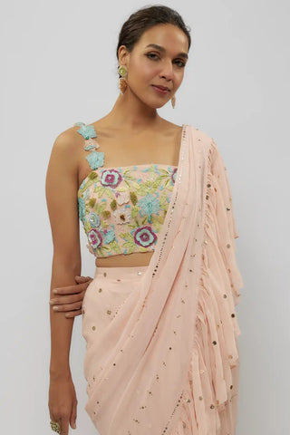 Blush pink choli and pre-stitched ruffle saree