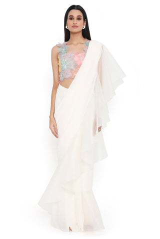 Offwhite 3d flower choli and pre-stitched saree