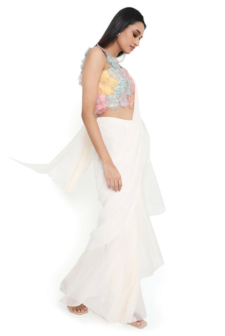 Offwhite 3d flower choli and pre-stitched saree