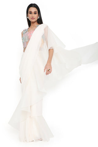 Offwhite 3d flower choli and pre-stitched saree