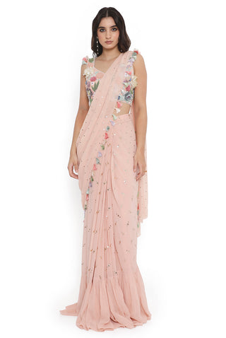Rose pink embroidered choli with frill saree
