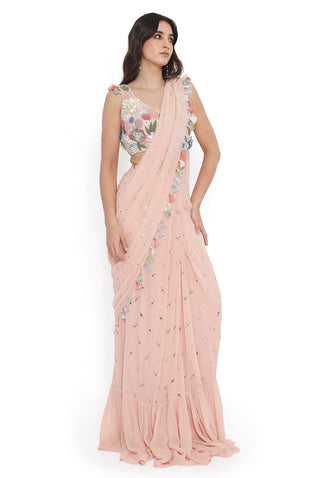 Rose pink embroidered choli with frill saree