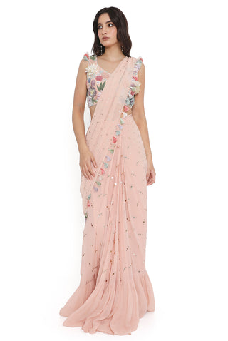 Rose pink embroidered choli with frill saree