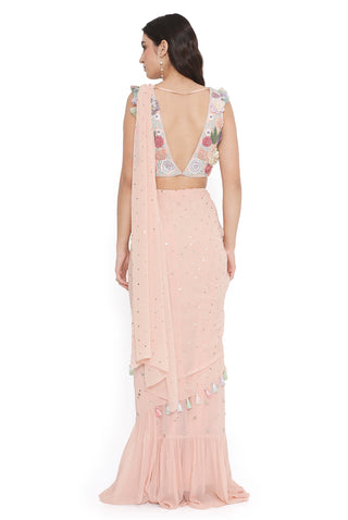 Rose pink embroidered choli with frill saree