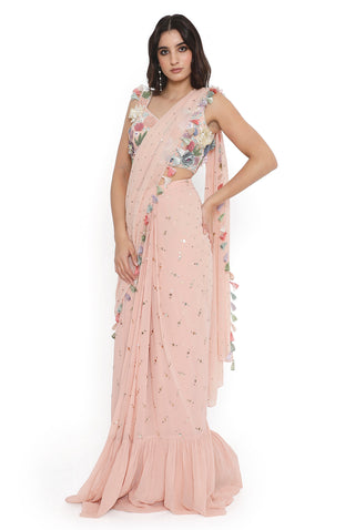 Rose pink embroidered choli with frill saree