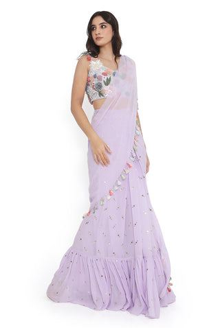 Lavender embroidery choli with frill saree