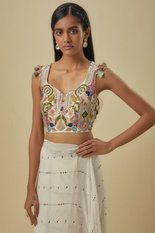 Off-white choli with saree and attached belt