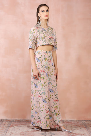 Rose pink nargis print top with palazzo