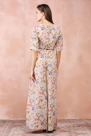Rose pink nargis print top with palazzo