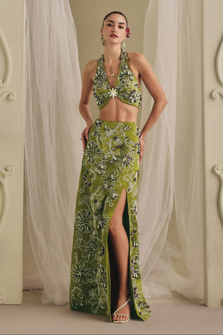 Halter Neck Co-ord Set for Contemporary Wear - Chic Olive Green Co-ord Set by Payal & Zinal
