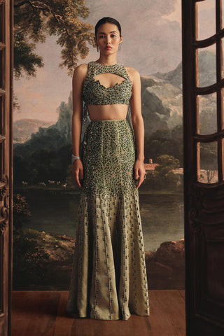 Festive Skirt Set for Indian Wedding - Emerald Green Embroidered Set by Payal & Zinal