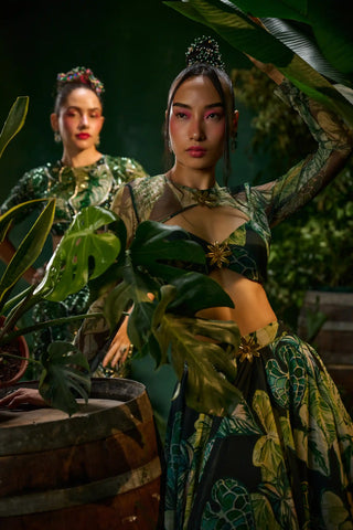 Forest green tropical printed lehenga set