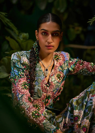 Teal blue peplum top and flared pants