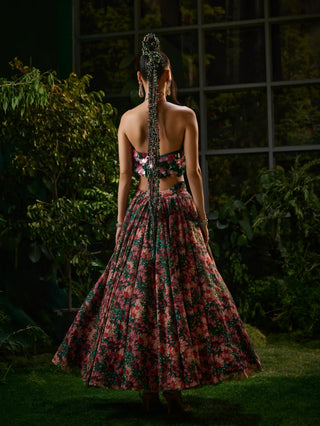 Red and green flared skirt and halter blouse