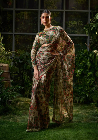 Green and red enchanting saree set