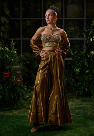 Brown copper corset, cape and flared pants