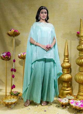 Aqua asymmetric tunic and palazzo set