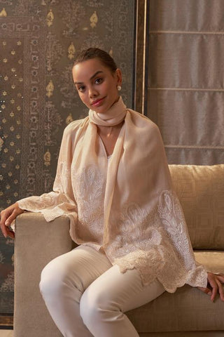 Stole Indian Wedding Wear - Ivory Paisley Crest Wool Silk by Mauli