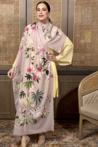 Stole Indian Wedding Wear - Pink Magnificent Magnolia Embroidered Fine Wool Silk by Mauli
