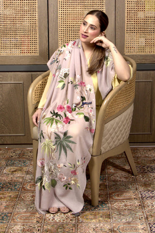Stole Indian Wedding Wear - Pink Magnificent Magnolia Embroidered Fine Wool Silk by Mauli