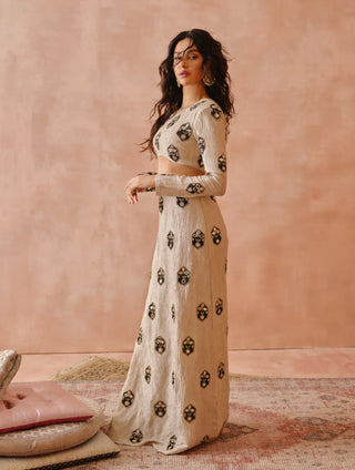 Crushed dull gold embroidered skirt and choli