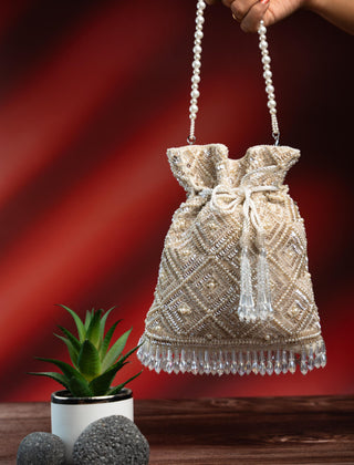 Bridal Potli Bag Indian Wedding â€“ White Criss Cross by Nayaab by Sonia