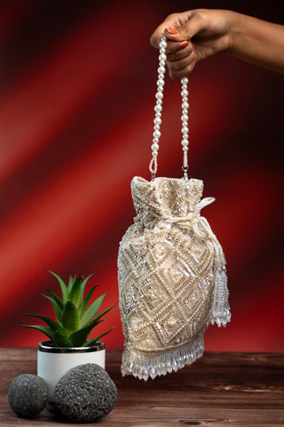 Bridal Potli Bag Indian Wedding â€“ White Criss Cross by Nayaab by Sonia