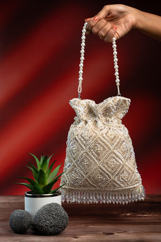 Bridal Potli Bag Indian Wedding â€“ White Criss Cross by Nayaab by Sonia