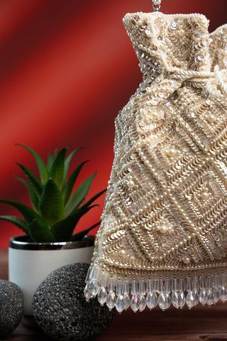 Bridal Potli Bag Indian Wedding â€“ White Criss Cross by Nayaab by Sonia